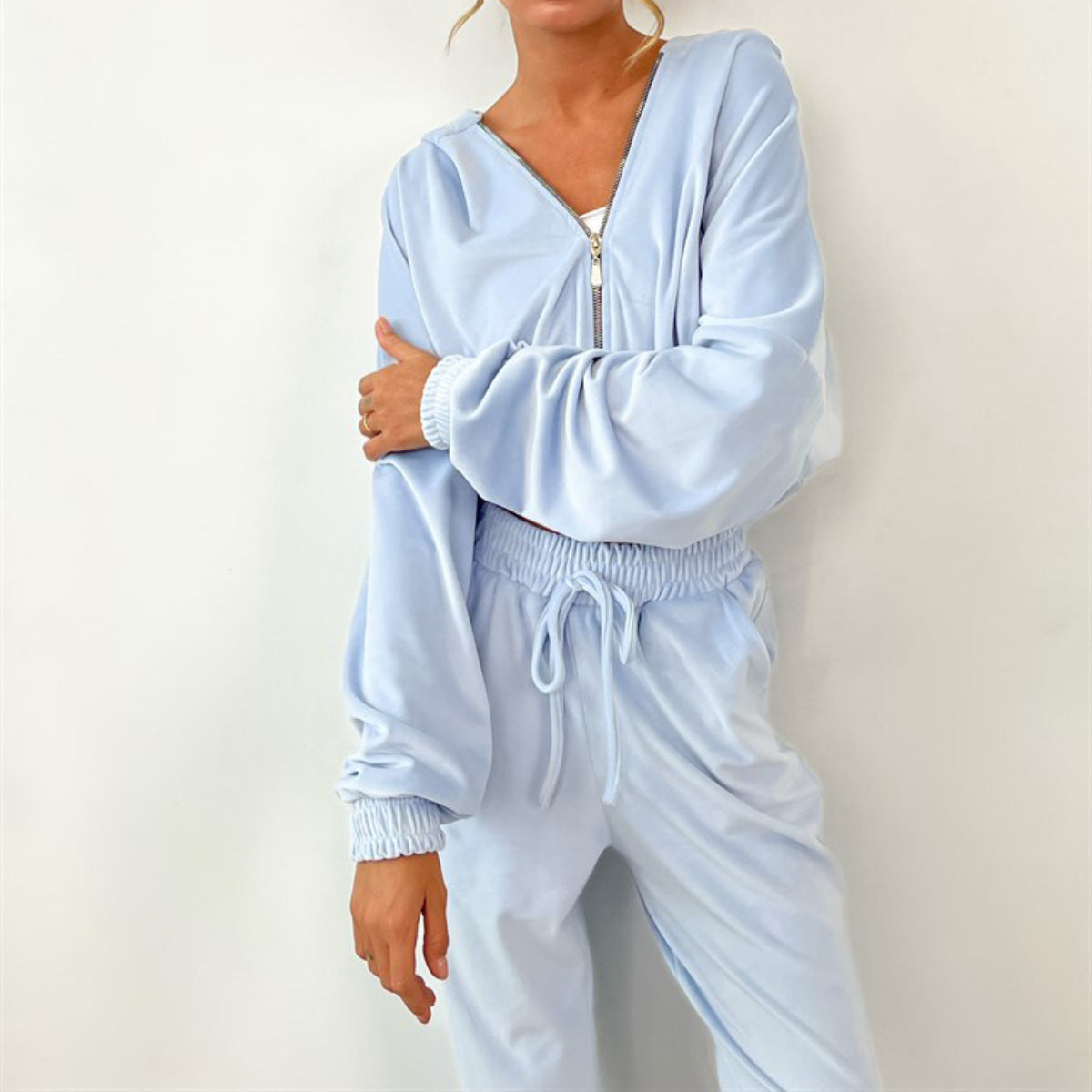 Solid color cardigan hooded long pants women's urban casual fashion long sleeved sweatshirt set