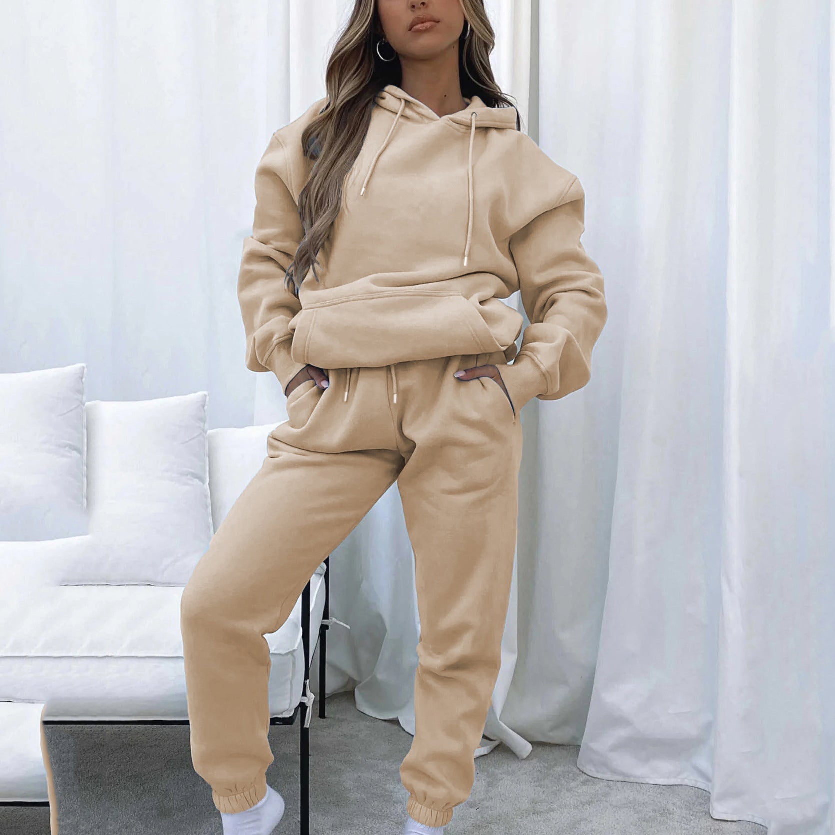 Spring and Autumn Solid Color Hoodie, Long Pants, Women's Urban Casual Pocket, Long Sleeve Hoodie Set