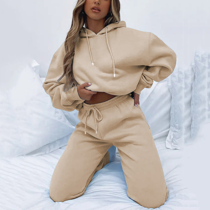 Spring and Autumn Solid Color Hoodie, Long Pants, Women's Urban Casual Pocket, Long Sleeve Hoodie Set