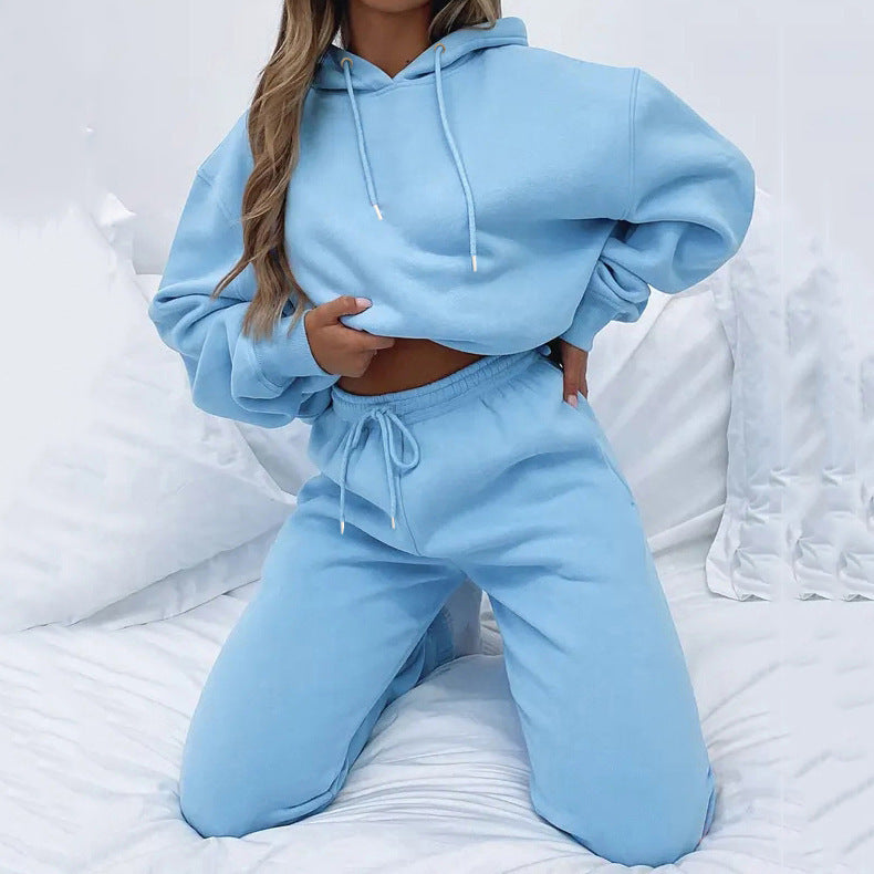 Spring and Autumn Solid Color Hoodie, Long Pants, Women's Urban Casual Pocket, Long Sleeve Hoodie Set