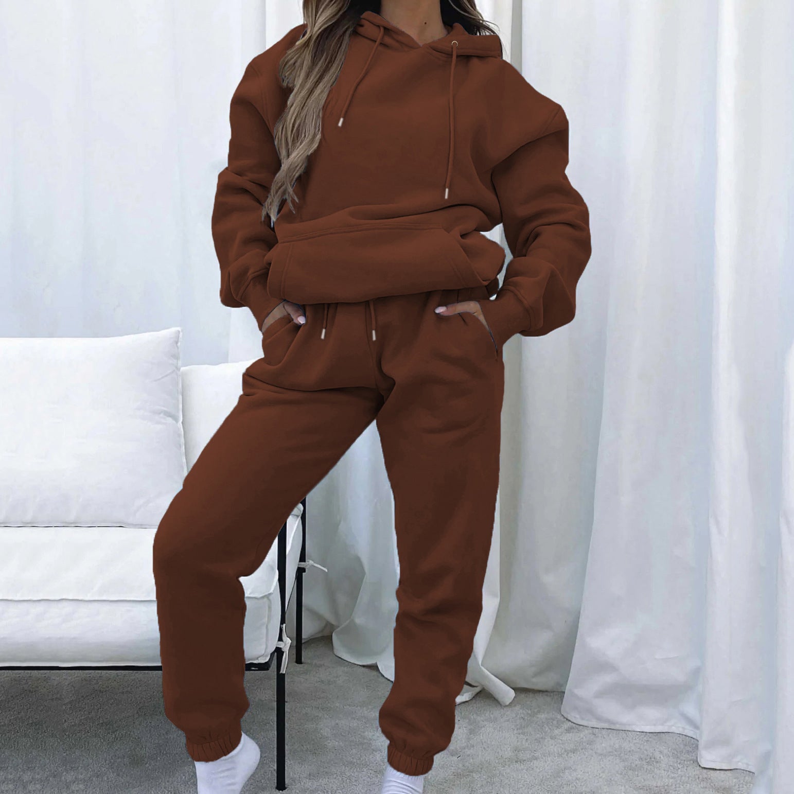 Spring and Autumn Solid Color Hoodie, Long Pants, Women's Urban Casual Pocket, Long Sleeve Hoodie Set
