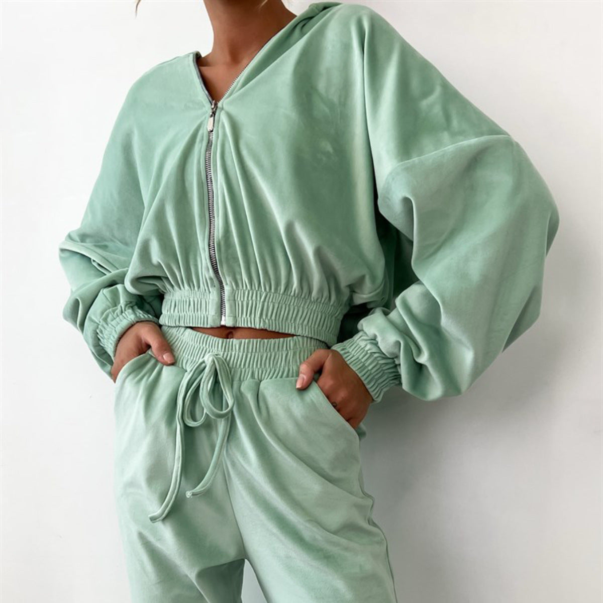 Solid color cardigan hooded long pants women's urban casual fashion long sleeved sweatshirt set
