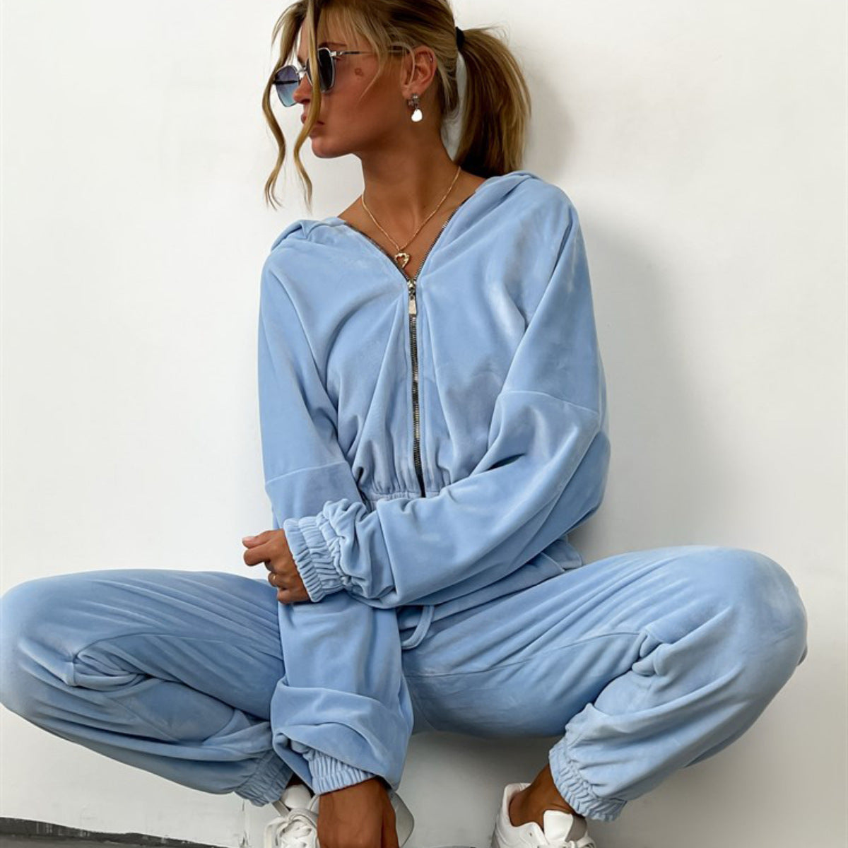 Solid color cardigan hooded long pants women's urban casual fashion long sleeved sweatshirt set