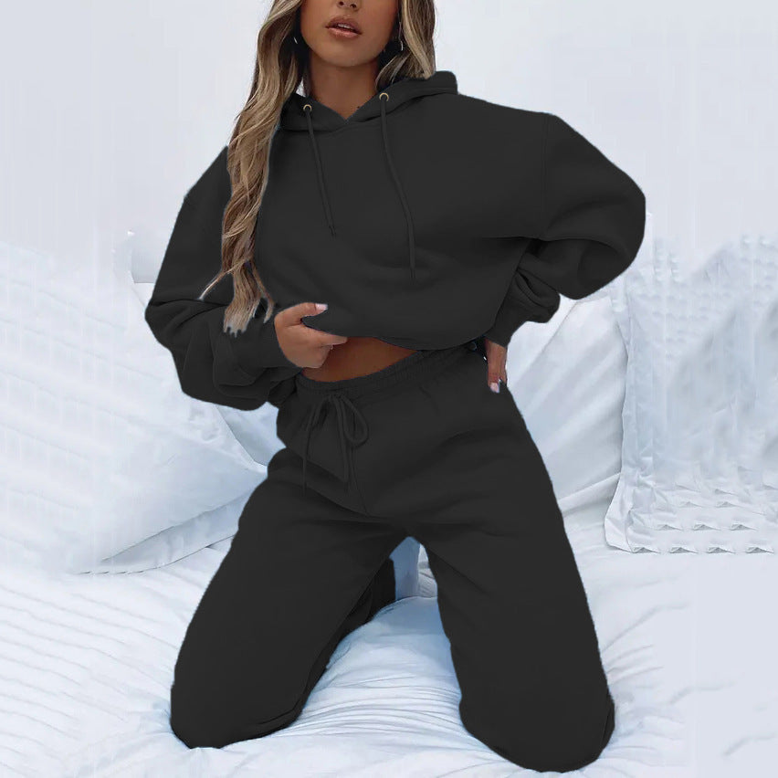 Spring and Autumn Solid Color Hoodie, Long Pants, Women's Urban Casual Pocket, Long Sleeve Hoodie Set