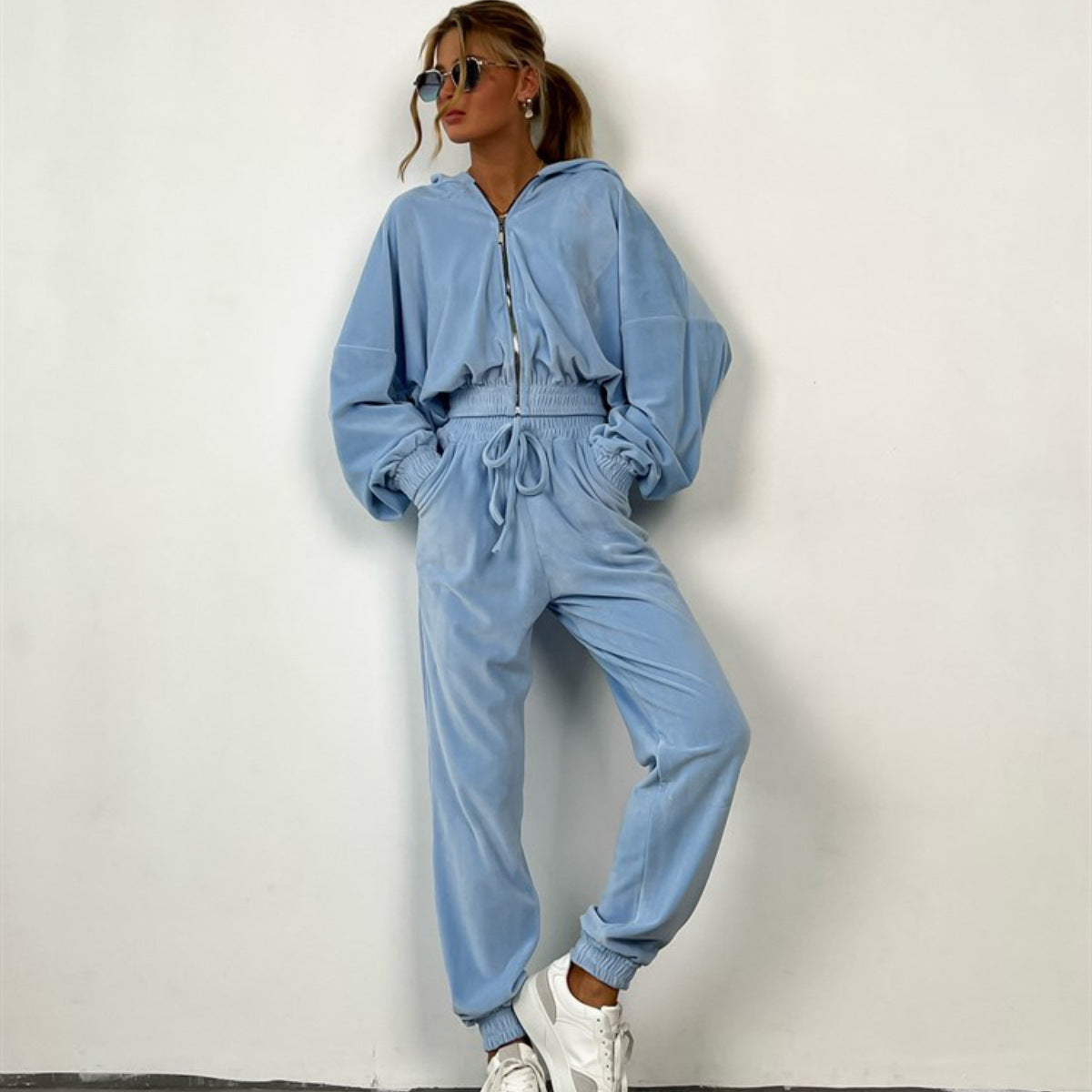 Solid color cardigan hooded long pants women's urban casual fashion long sleeved sweatshirt set