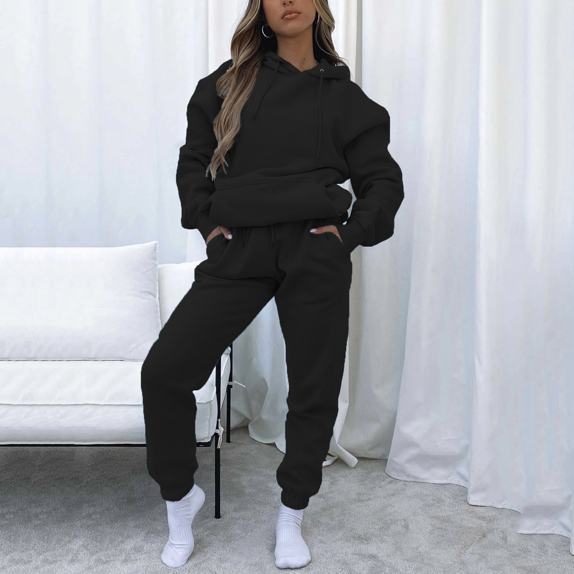 Spring and Autumn Solid Color Hoodie, Long Pants, Women's Urban Casual Pocket, Long Sleeve Hoodie Set
