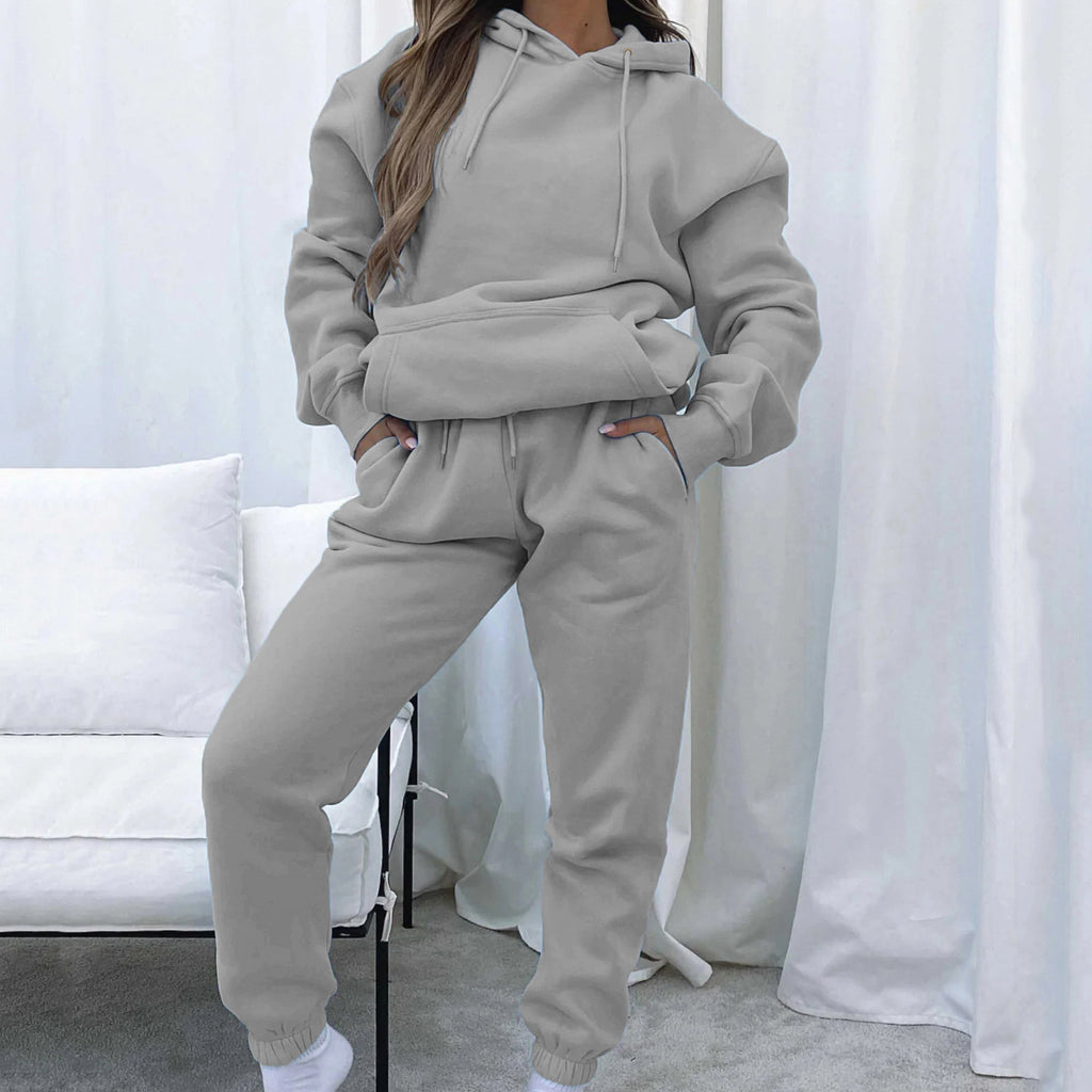 Spring and Autumn Solid Color Hoodie, Long Pants, Women's Urban Casual Pocket, Long Sleeve Hoodie Set