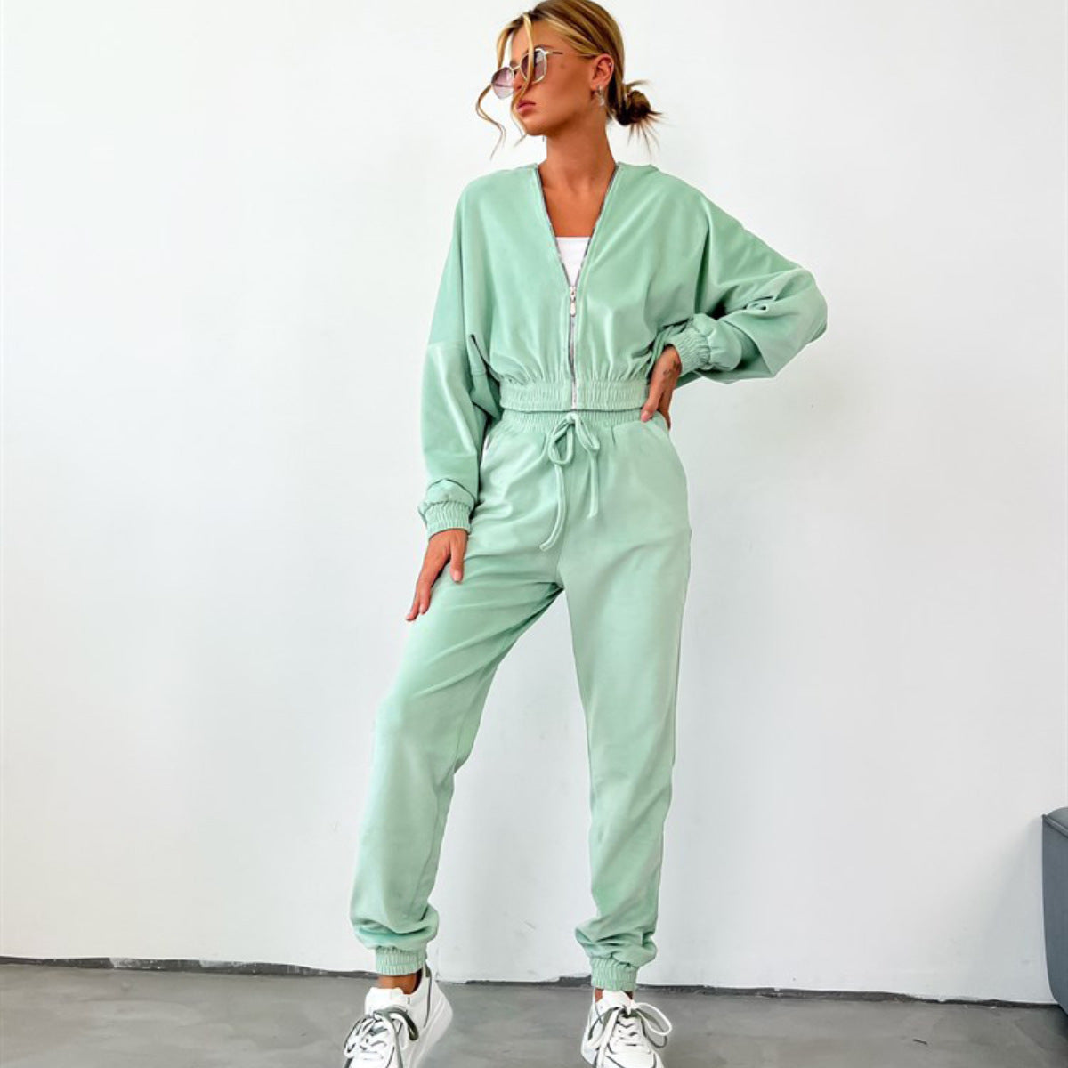 Solid color cardigan hooded long pants women's urban casual fashion long sleeved sweatshirt set