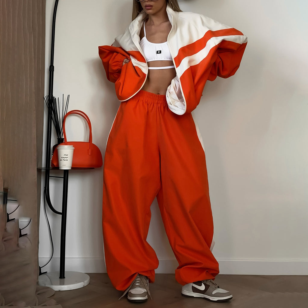 Women's Spring and Autumn Sportswear Set with Personalized Stripes, Contrasting Colors, Bundle Mouth, Loose Sport, Two Piece Set for Women
