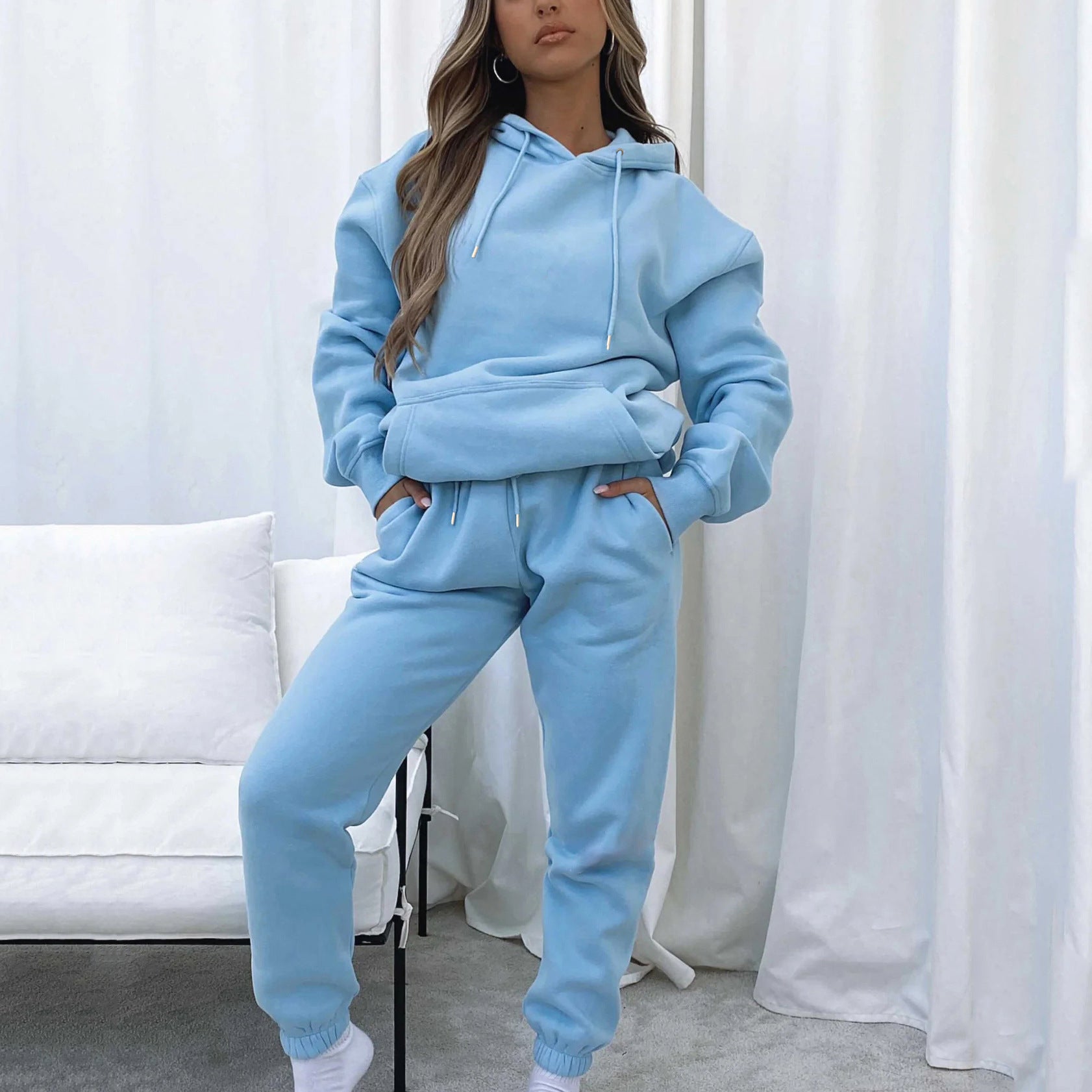 Spring and Autumn Solid Color Hoodie, Long Pants, Women's Urban Casual Pocket, Long Sleeve Hoodie Set