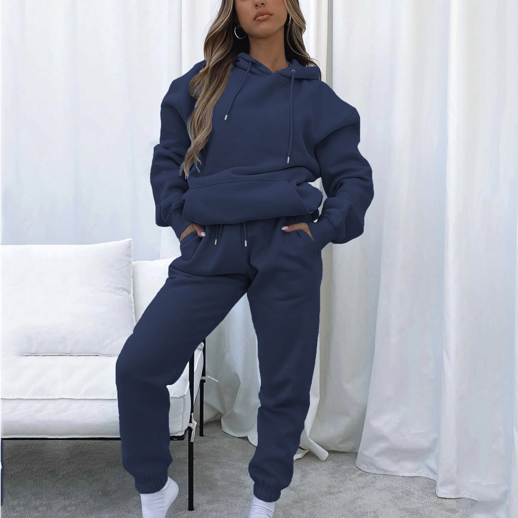 Spring and Autumn Solid Color Hoodie, Long Pants, Women's Urban Casual Pocket, Long Sleeve Hoodie Set